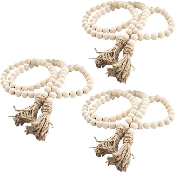 Sivya 3Pcs Farmhouse Beads Wood Bead Garland with Tassels