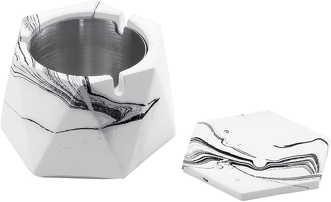 FREELOVE Concrete Ashtray with Lid & Stainless Steel Ashtrays for Cigarettes, Cement Ash Tray Smoking Holder Indoor Smokeless Outdoor Windproof Patio Home Office Cool Decor(White Marble, Large)