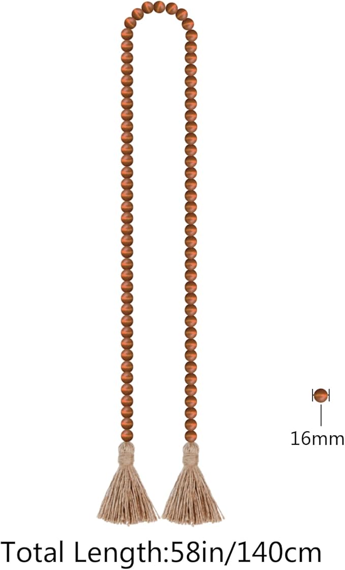 58in Wood Bead Garland with Tassels, Farmhouse Rustic Country Decor Prayer Boho Wall Hanging Decoration (Brown)