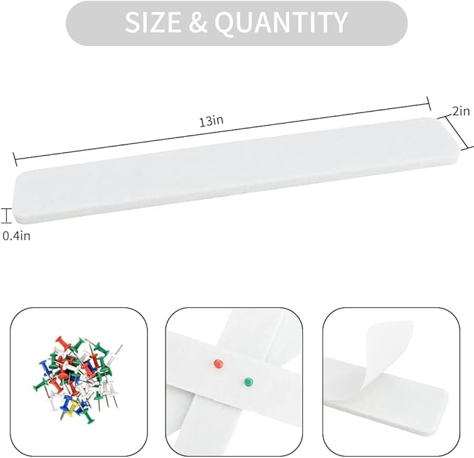 Vuzvuv 8Pcs White Cork Board Bar Strips with 50 Pushpins & Sticky Notes, Self-Adhesive Bulletin Board Strips No Damage for Wall, Felt Pin Board for Paste Notes, Photos, Schedules Office Decor