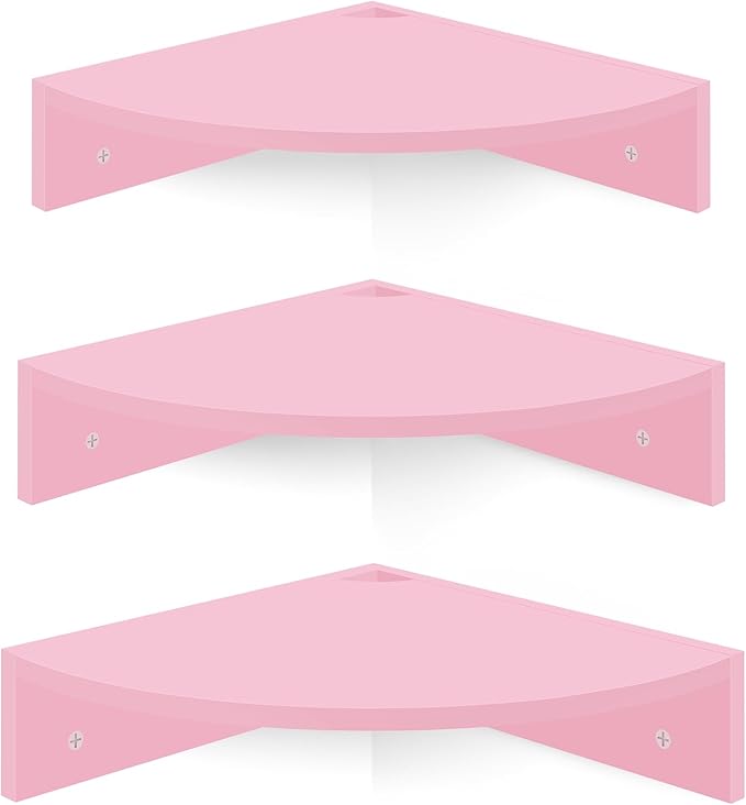 Homode Corner Shelf Wall Mount, Set of 3 Corner Floating Shelves with Cable Hole, 3 Tier Wood Corner Hanging Shelves, Living Room Bedroom Bathroom, Pink