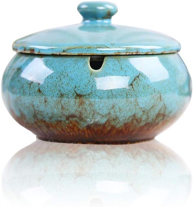 Lependor Ceramic Ashtray with Lids, Windproof, Cigarette Ashtray for Indoor or Outdoor Use，Ash Holder for Smokers,Desktop Smoking Ash Tray for Home Office Decoration - Blue