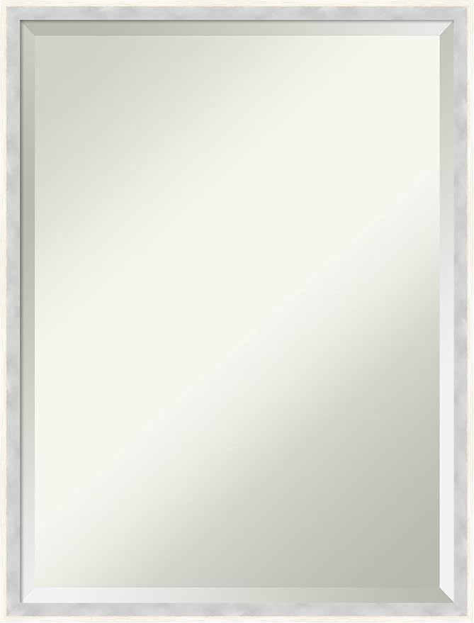 Amanti Art White Wall Mirror 25x19 Paige White Silver Rectangle Bathroom Mirror for Wall Decor Living Room, Medium Modern Wood Frame, Hangs Horizonally and Vertically, Bathroom Decor, Beveled Edge