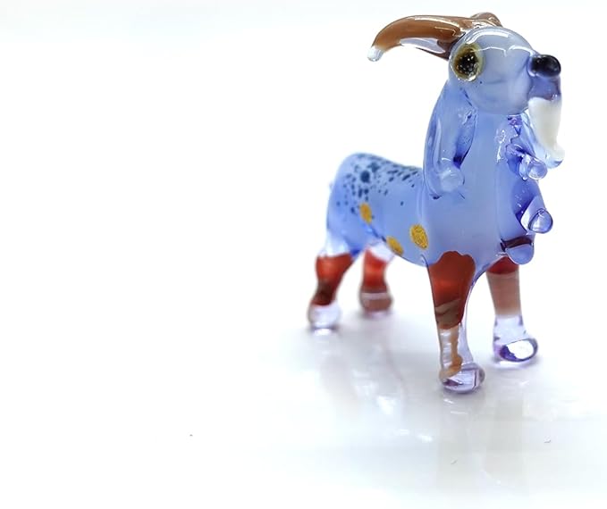 Goat Micro Tiny Figurines Hand Blown Glass Art Animals Collectible Gift Home Décor (Blue Brown)