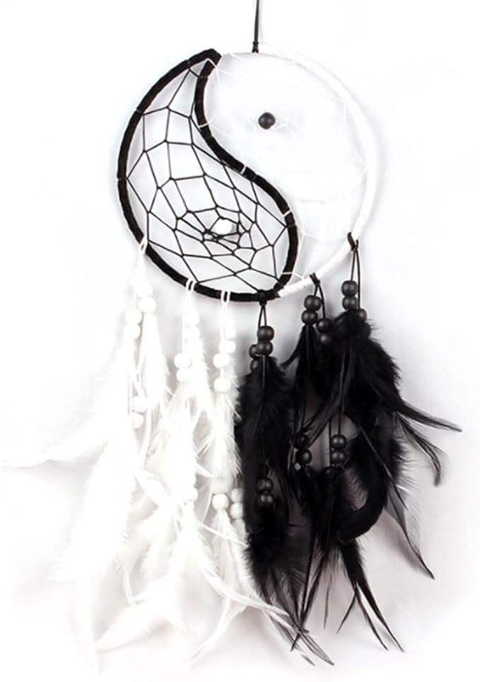 Yahpetes Dream Catcher 19.7" Feather Chandelier Ornaments Handmade Indian Wall Decoration Interior Rearview Pendant Charm Car Hanging with Feathers Beads (Black and White)