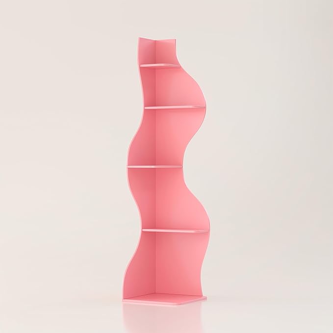 Modern Corner Shelf, 5 Tier High Corner Shelf, Fits Small Spaces, Scalloped Corner Bookcase with Storage Space, Wooden Display Stand for Plants, Books and Decorations, Assorted Colors and Sizes (Pink)