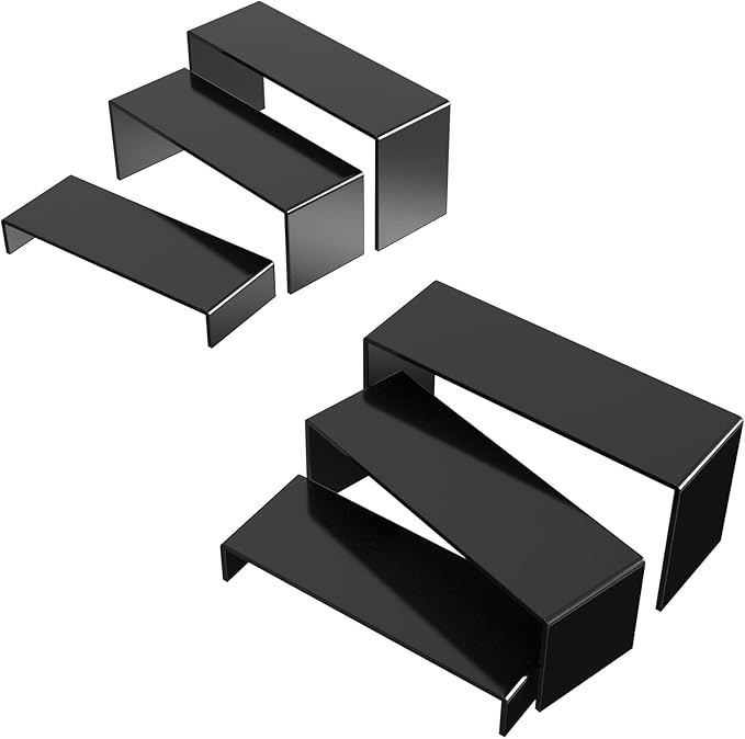 6 PCs Risers Display Stands 3 Tiers Desktop Acrylic Shelves Cake Dessert Holder Products Stand for Collectibles Shoes Jewels Pop Figure （Black）