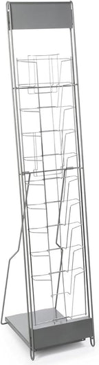 Displays2go Portable Literature Stand with 10 Pockets for 8.5x11 Magazines, Carrying Bag Included, 54" h Floor-Standing Magazine Rack with Tiered Design, Steel (Silver)