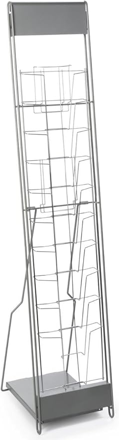 Displays2go Portable Literature Stand with 10 Pockets for 8.5x11 Magazines, Carrying Bag Included, 54" h Floor-Standing Magazine Rack with Tiered Design, Steel (Silver)