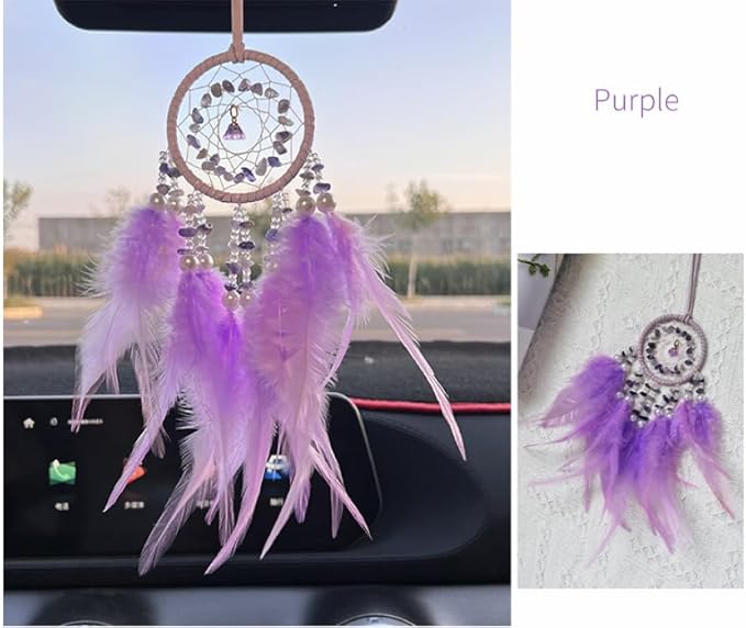Mini Lotus Dream Catcher for Car Rearview Mirror, Handmade Boho Car Hanging Charm, Black Feather & Crystal Car Mirror Decor, Auto Interior Ornament for Women(Purple)