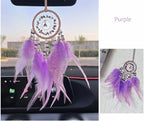 Mini Lotus Dream Catcher for Car Rearview Mirror, Handmade Boho Car Hanging Charm, Black Feather & Crystal Car Mirror Decor, Auto Interior Ornament for Women(Purple)