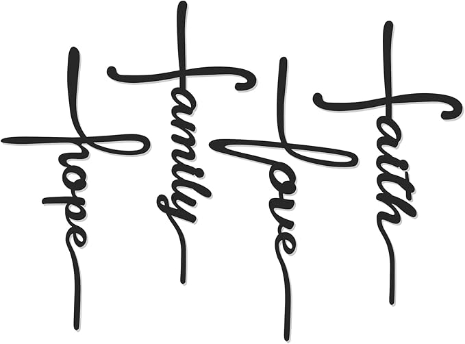 Bnesi Metal Wall Art Sign 4-Piece Set: Love, Faith, Family, Hope - 15 x 8 in Waterproof Religious and Spiritual Hanging Cross Wall Decor for Home Decoration