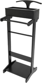 22.05 Lbs Capacity Wood Valet Stand, Clothes Valet Rack with Drawer Top Tray, Freestanding Clothing Stand with Contour Hanger Trouser Bar Tie & Belt Hooks and Shoe Rack, White