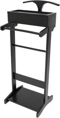 Wood Suit Rack, 22.05Lbs Capacity Freestanding Clothing Valet Stand Floorstanding Valet Stand Clothing Rack Organizer w/Shoe Shelf for Hallways Hotels Office & Shopping Malls (Black)