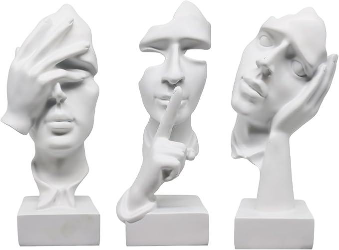 aboxoo Large Size 3 Pcs Thinker Statue, Silence is Gold, See No Evil Hear No Evil Speak No Evil Statues, Modern Resin Sculptures Decor for Living Room Home, Office, Study (White)