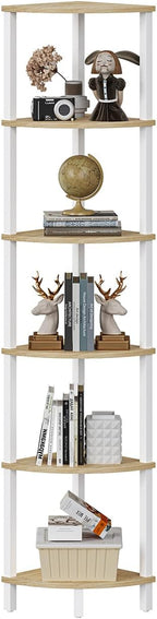 Corner Shelf, 6-Tier Corner Bookshelf, Industrial Corner Ladder Shelf, DIY Storage Shelves, Rustic Display Shelf for Living Room, Bedroom, Kitchen, Home Office, White and Nature Wood Color UJSJ004Q