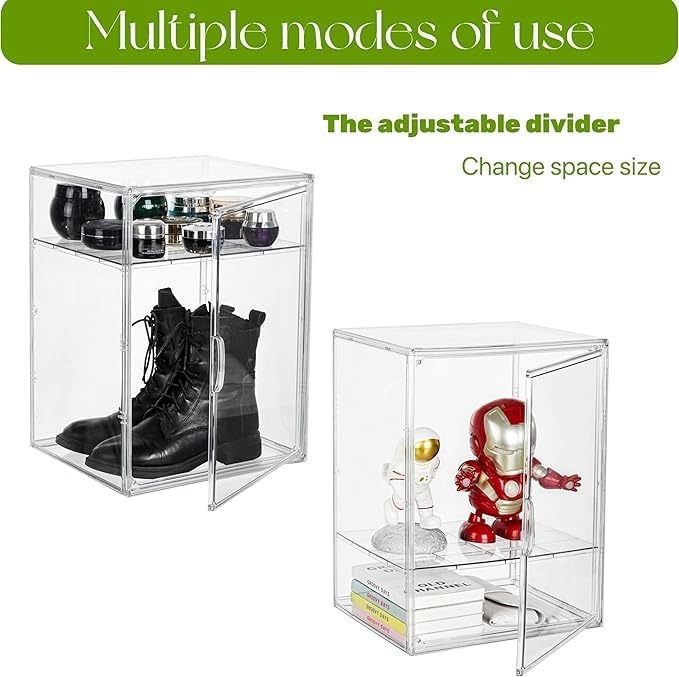 Acrylic Display Case with an Adjustable Divider, 2 Tiers XXX-Large Boot Shoe Storage Boxes Clear Plastic Stackable Storage Bin with Lids Super Large Clear Display Box for Shoes, Collectibles