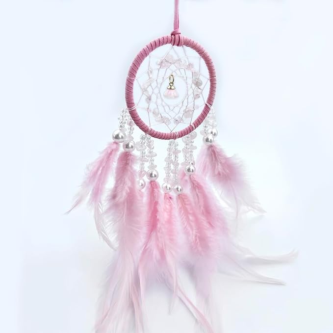 Small Pink Dream Catcher for Car Rearview Mirror Handmade Beaded Feather Dreamcatcher Car Hanging Ornament Home Room Wall Decoration