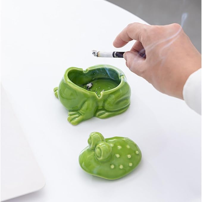 Frog Ashtray with Lid for Cigarette Ceramic Green Windproof Ash Tray for Home Office Tabletop Outside Patio Outdoor