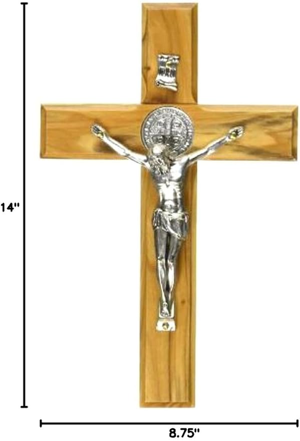 Holy Land Market Saint Benedict Holy Land Olive Wood Cross Wall Crucifix - Handmade Silver Tone Corpus, 14 Inches