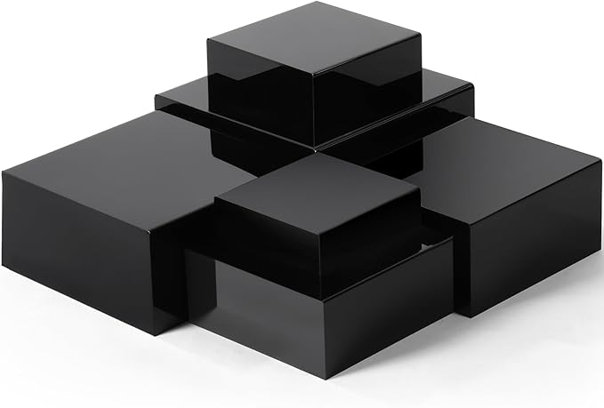Geelin 6 Pack Acrylic Risers for Display Acrylic Cube Boxes Risers Display Stands with Hollow Bottoms Decorative Stand for Jewelry Candy Table Decor 6 Sizes(Black,7 to 12 Inch,Square)