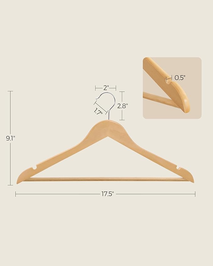 SONGMICS Solid Wood Hangers, 20-Pack Coat Hangers with Shoulder Notches, Pants Bar, 360° Swivel Hook, Non-Slip for Jackets, Shirts, Dresses, Natural UCRW001-20