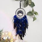 Dreamlike Deep Blue Tree of Life Dream Catcher Wall Decor with Healing Crystal Stone Handmade Feather Dream Catchers Decoration Wall Hanging for Girls Bedroom Living Room Wedding Party Home Décor