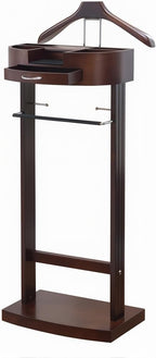 Wooden Suit Valet Stand with Drawer, Top Tray Freestanding Suit Stand with Contour Hanger, Trouser Bar, Tie & Belt Hooks Clothing Rack for Entryway Office Living Room(Standing Brown)