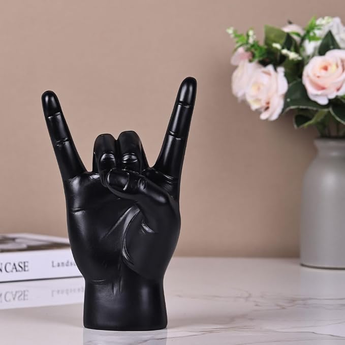 QIANLING 7.7" Black Resin Rock On Hand Gesture Statue - Rock Culture Music Lovers' Decorative Tabletop Sculpture for Bookshelf, Desk & Mantel Decor in Home or Office, Modern Symbolic Figurine