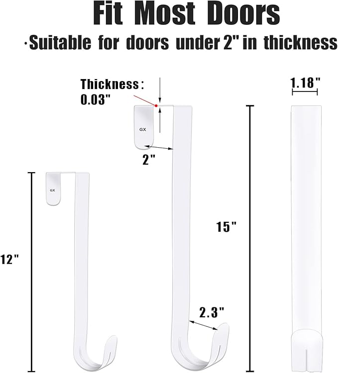 5 Pack 12"+15" Wreath Hanger for Front Door - Large Wreath Metal Hook for Christmas Wreath Over The Door Hanger 2 x 15" and 3 x 12" - White