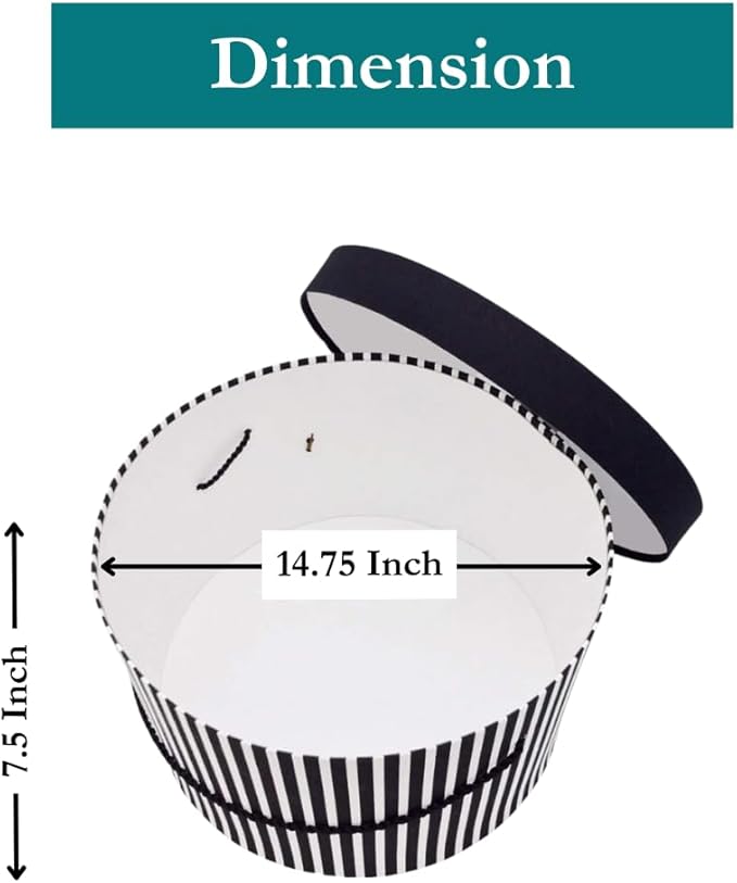 Sarah's Hat Boxes Classic Black/White Stripe Hat Box – 14.75" x 7.5" (Dia. x Ht.) Handmade in USA – Odorless Non-Toxic Adhesive, Cording Handle – Premium Storage for Hats & Accessories