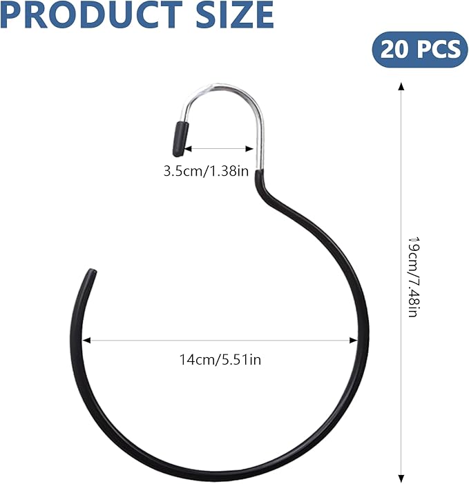 20 Pack Scarf Ring Hangers, Non-Snag Belt Hanger for Closet, Non-Slip Closet Organizer Accessory Holders for Ties Scarves Belts Tank Tops Pashminas (Black)