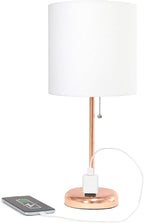 Oslo 19.5" Contemporary Bedside Power Outlet Base Standard Metal Table Desk Lamp in Rose Gold with White Drum Fabric Shade