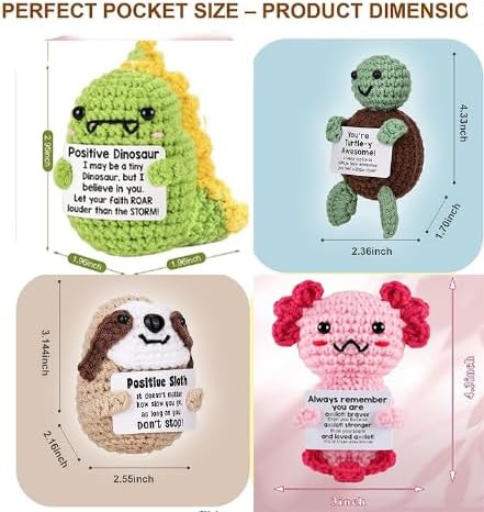 mini Positive Dolls Bulk Gifts - 4pcs Cute Emotional Support Animals Desk Decor with Cards, Emotional Support Crochet Animals for Friends, Funny Knitted Small Gifts for Christmas.