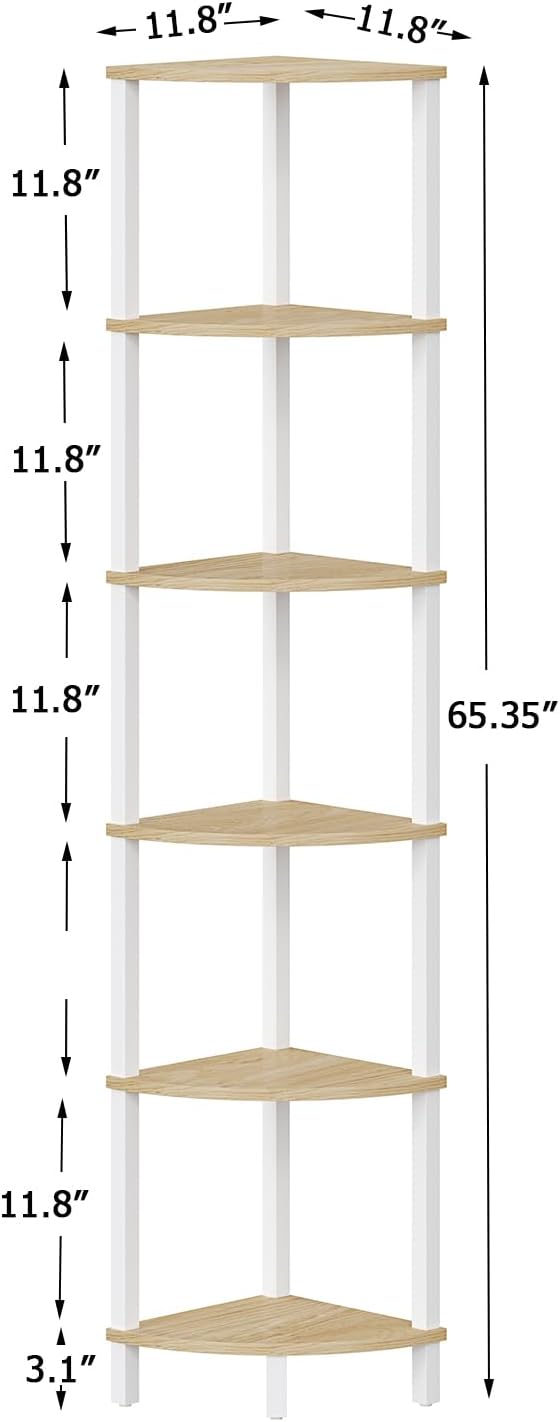 Corner Shelf, 6-Tier Corner Bookshelf, Industrial Corner Ladder Shelf, DIY Storage Shelves, Rustic Display Shelf for Living Room, Bedroom, Kitchen, Home Office, White and Nature Wood Color UJSJ004Q