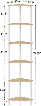 Corner Shelf, 6-Tier Corner Bookshelf, Industrial Corner Ladder Shelf, DIY Storage Shelves, Rustic Display Shelf for Living Room, Bedroom, Kitchen, Home Office, White and Nature Wood Color UJSJ004Q