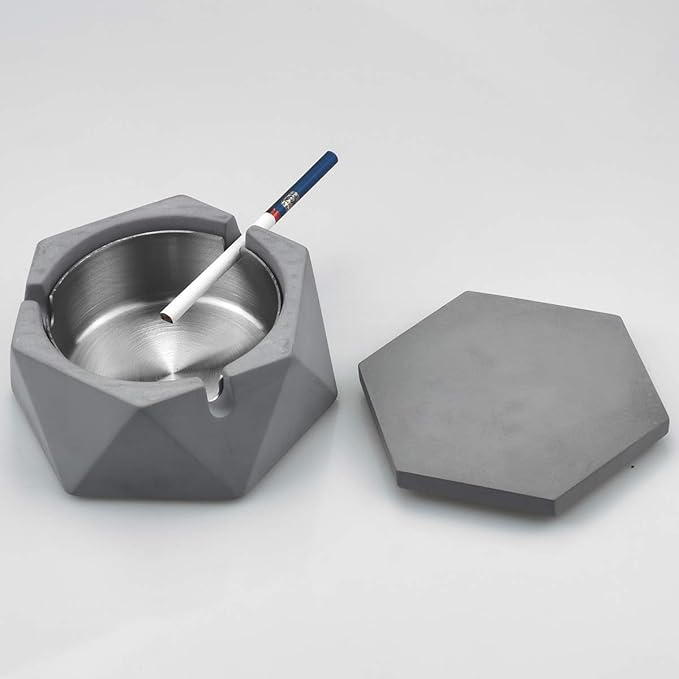FREELOVE Concrete Ashtray with Lid & Stainless Steel Ashtrays for Cigarettes, Cement Ash Tray Smoking Holder Indoor Smokeless Outdoor Windproof Patio Home Office Cool Decor(Grey, Small)