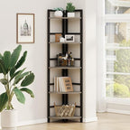 BON AUGURE Rustic Corner Shelf Stand, Tall Industrial Corner Bookshelf, Wood Metal 5 Tier Bookcase Shelves, Display Shelving Unit for Kitchen, Living Room (Dark Grey Oak)