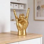 QIANLING 7.7" Gold Rock On Hand Statue, Modern Hand Gesture Sculpture, Rock Music Room Decor, Heavy Metal Party Accent Tabletop Figurine for Desk, Bookshelf, Mantel & Home Office