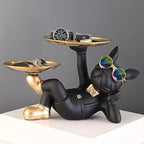 Cool Resin Dog Statue with 2 Trays and Cute Glasses Black French Bulldog Figurine Ornaments Animal Sculptures Home Decor Anniversary Thanksgiving Christmas Birthday Gifts