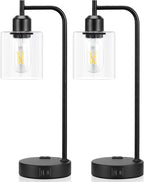 Industrial Touch Table Lamps for Bedrooms Set of 2 - 3-Way Dimmable Nightstand Lamps with USB C+A Ports and Outlet, Black Bedside Lamps with Glass Shade for Living Room, Desk Lamps for Home Office