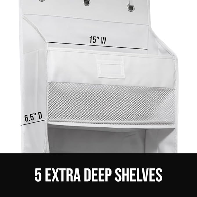 GORILLA GRIP Over The Door Organizer Storage, 5 Deep Hanging Shelves, Holds 50lbs, Closet Organizers Shelf for Bedroom, Shoes, Bathroom, Nursery, Dorm Essentials, 3 Metal Hooks, 58x15 Inches, White