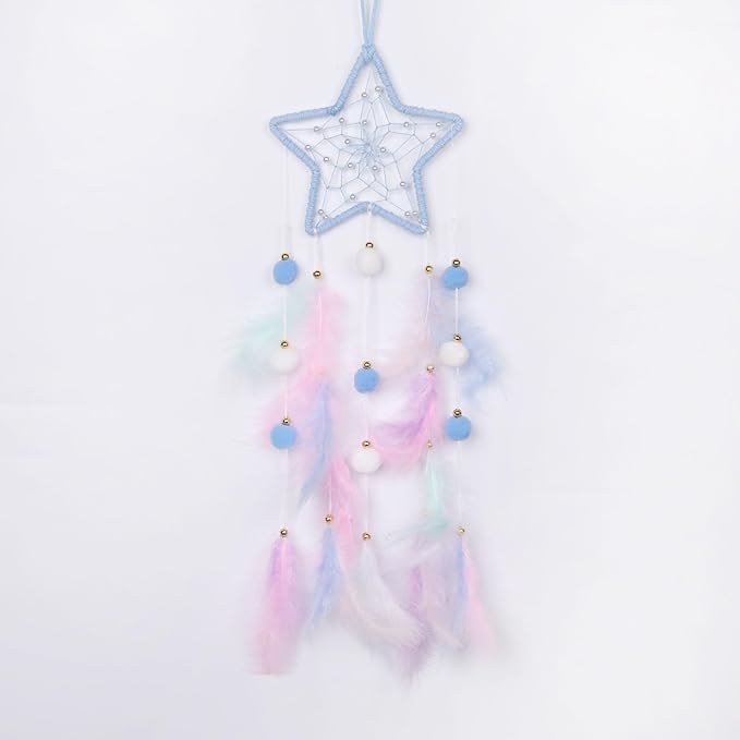 Pretty Jolly Blue Star Kids Dream Catcher Wall Decor Pompom Feather Baby Dreamcatcher Handmade Children Dream Catcher Home Décor Wall Hanging for Nursery Bedroom Boys Girls Birthday Gift-25.6in