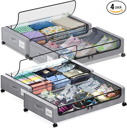 Under Bed Storage with Wheels, 4 Pack Under Bed Storage Containers with Dividers & Clear Lids, XXL 65L Under the bed storage Organizer Bins, Underbed Storage with Wheels for Clothes,Shoes,Toys - Gray