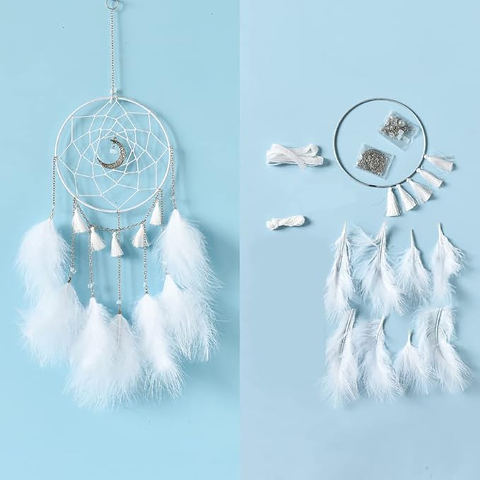 DIY Dream Catcher Kit - Making Dream Catcher Supplies Craft Kit, Handmade Wall Decor for Bedroom, Living Room, Wedding and Party Decoration (Moon-White)