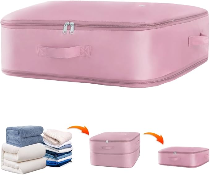Space saver bag,for quilts, duvets or other fluffy clothing.Measures 21" L x 16.5" W x 11.2" H when unfolded and 21" L x 16.5" W x 4.8" H when compressed.Pink