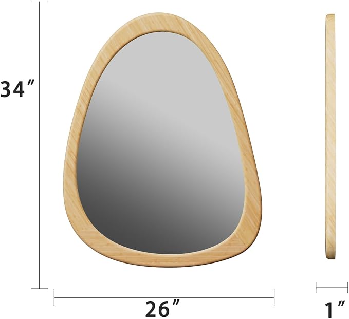 34" x 26" Irregular Wall Mirror, Natural Wooden Framed Asymmetrical Wall Mirror for Living Room Bedroom Bathroom Entryway, Modern Decorative Hanging Hook