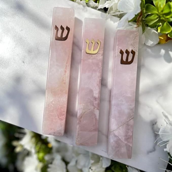 A&S Mezuzot Quartz Mezuzah Case with Engraved Shin Design Easy Peel and Stick Judaica Door Mezuza (Pink, 6 Inches)