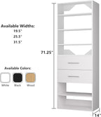 ROOMTEC Modular Closet System, 25.5" 2 Drawer Shelf Closet Tower Wall-Mounted Closet Organizer, Wooden Tower for Walk-In Closets, Wardrobe Storage Kit, White
