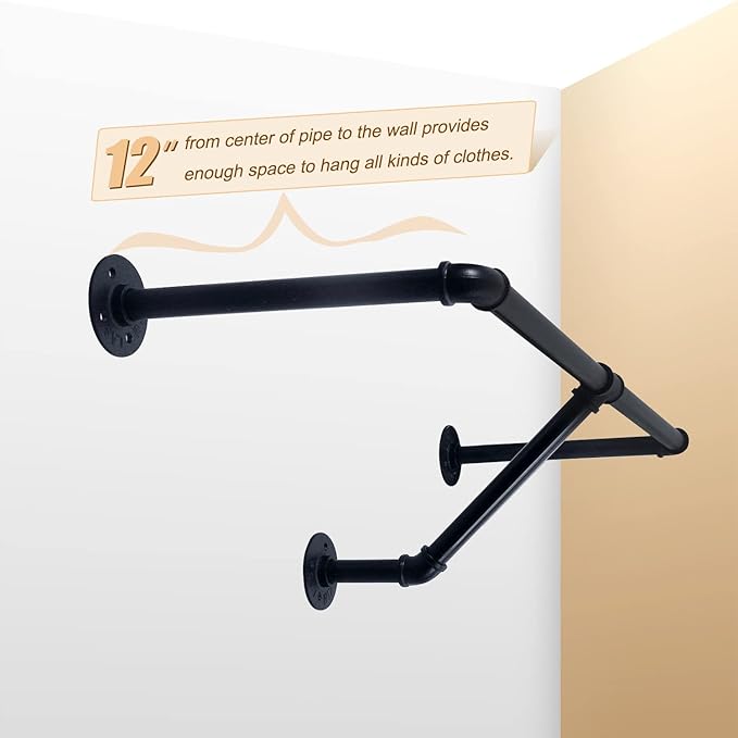 HouseAid 32 Inch Industrial Pipe Clothes Rack, Farmhouse Iron Garment Rack, Vintage Style Hanging Rod for Closet, Wall Mounted, Matte Black (Hooks Included)